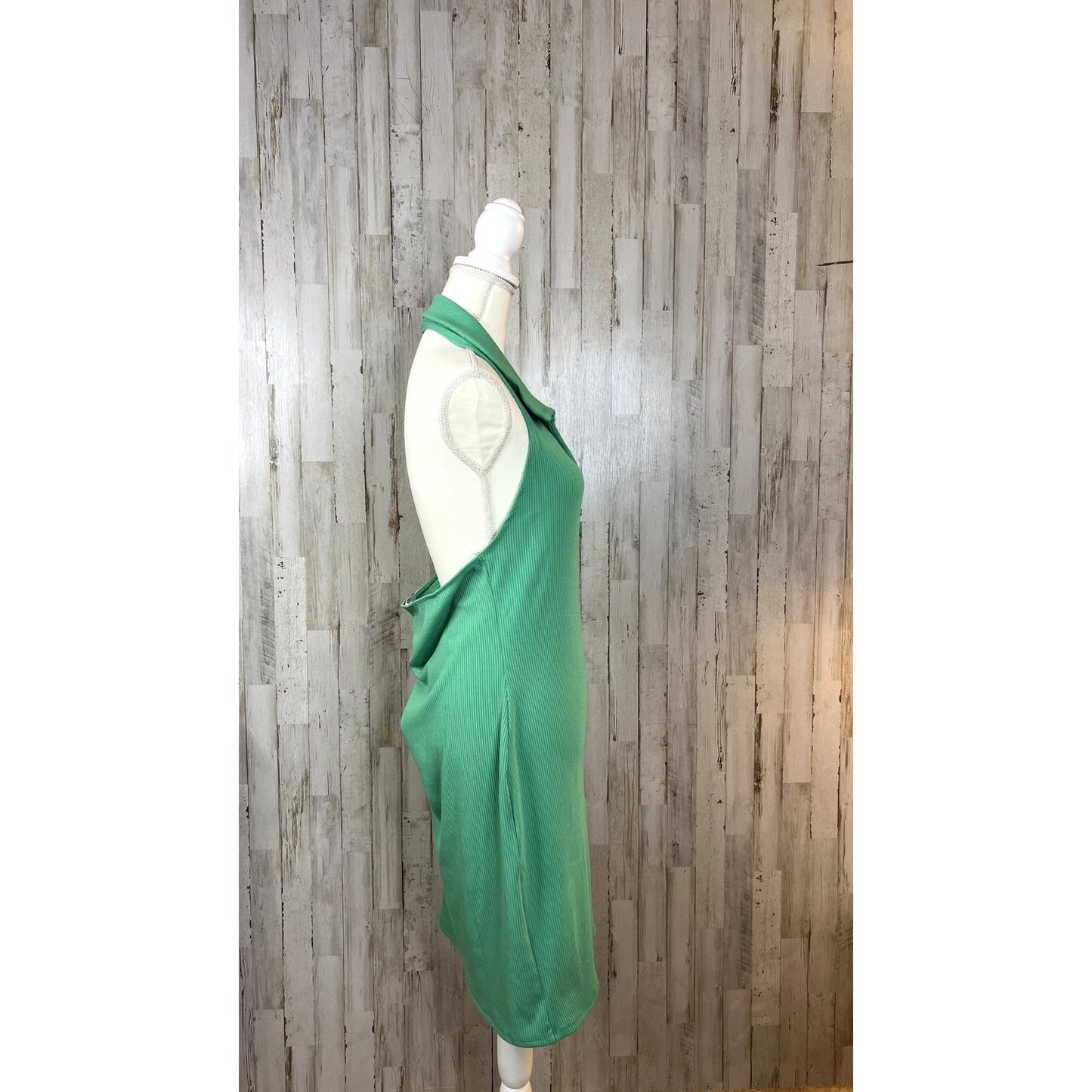 NWT Fashion Nova Women's Plus Size 2X Green Ribbed Halter Collared Mini Dress