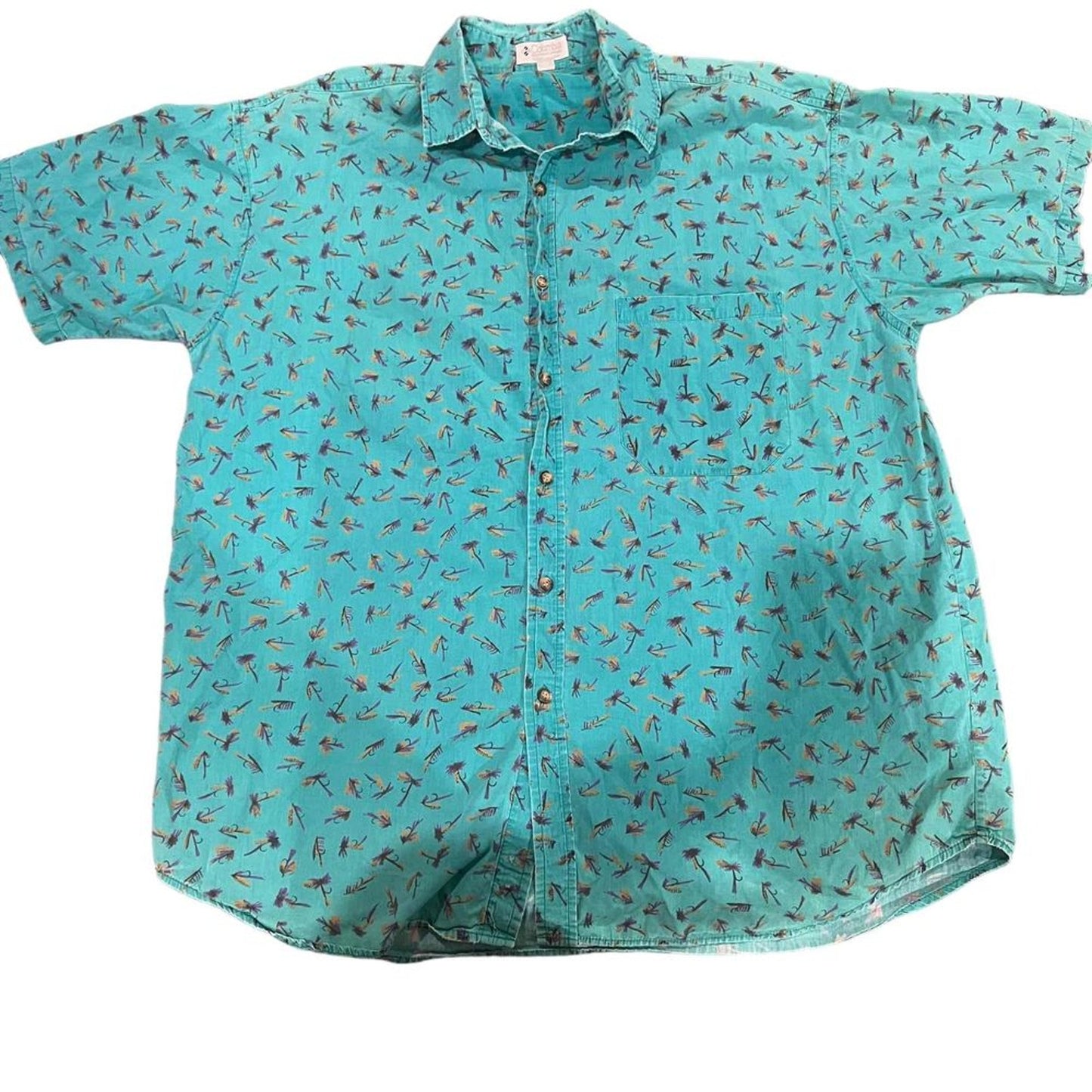 Columbia Button-Up Shirt Mens XL Turquoise Fly Fishing Lure Print Short