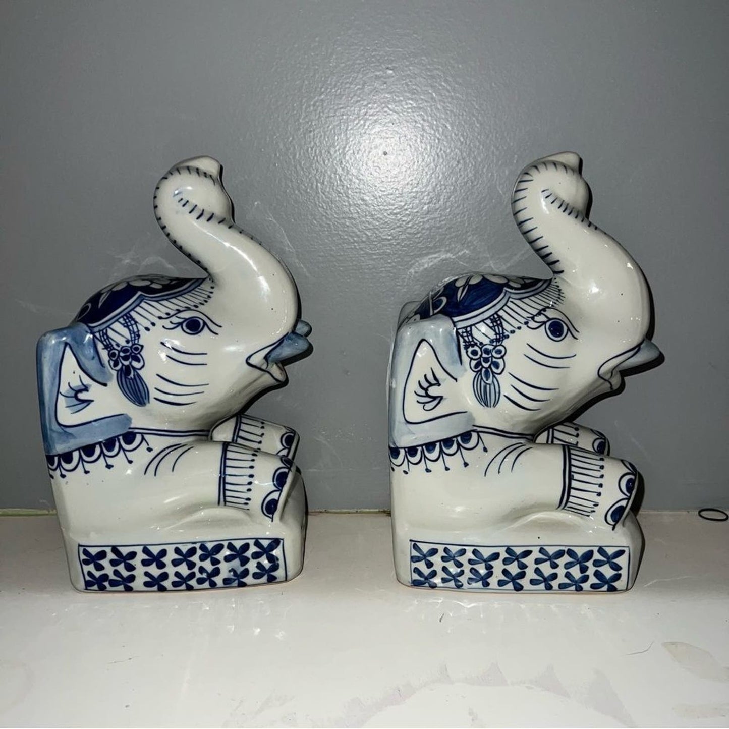 Pair of Vintage Blue White Ceramic Asian Elephant Bookends Nora Fenton Thai