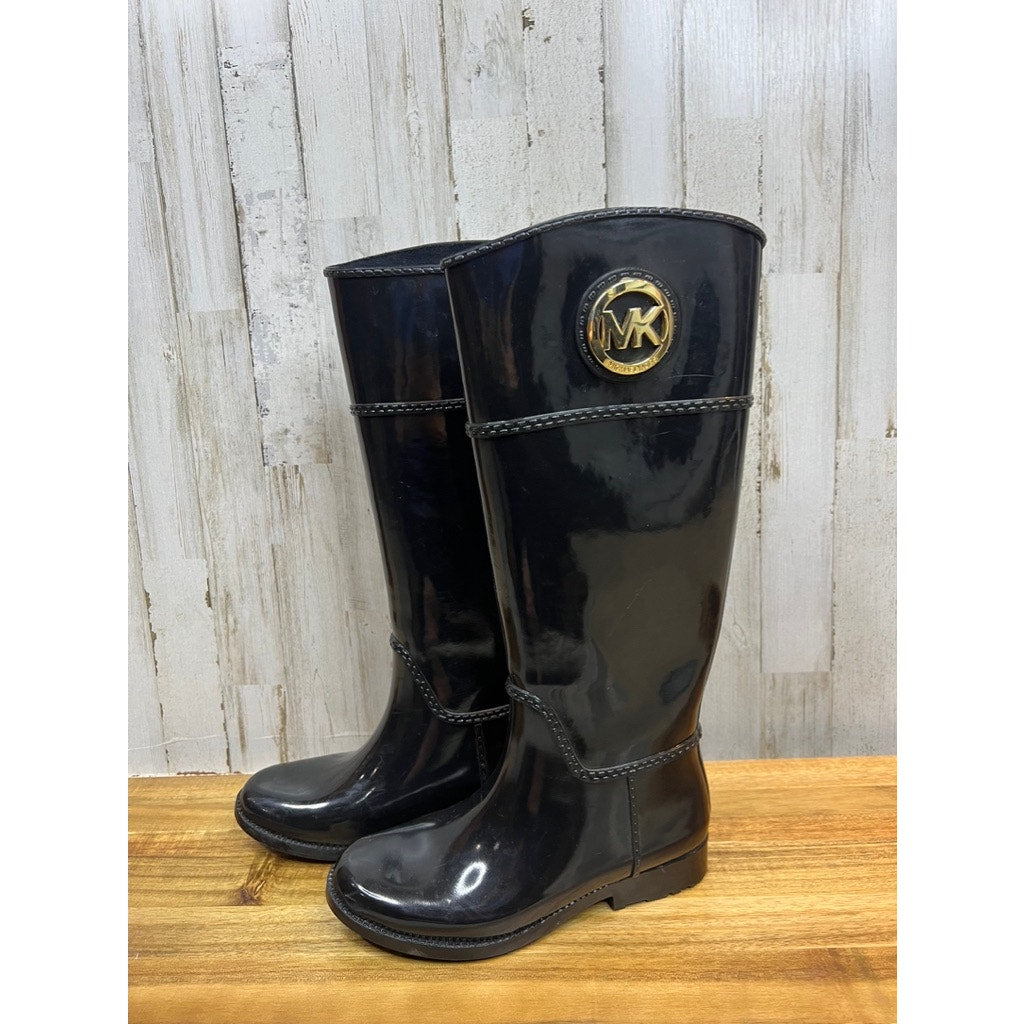 Michael Kors Women's Shiny Black Knee-High Rain Boots with Gold MK Logo Size 6