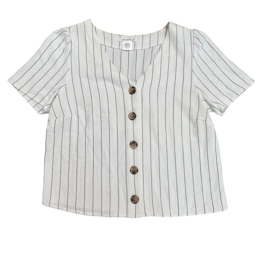 Urban Romantics Women's Small Striped Linen Blend Cropped Button-Up Blouse