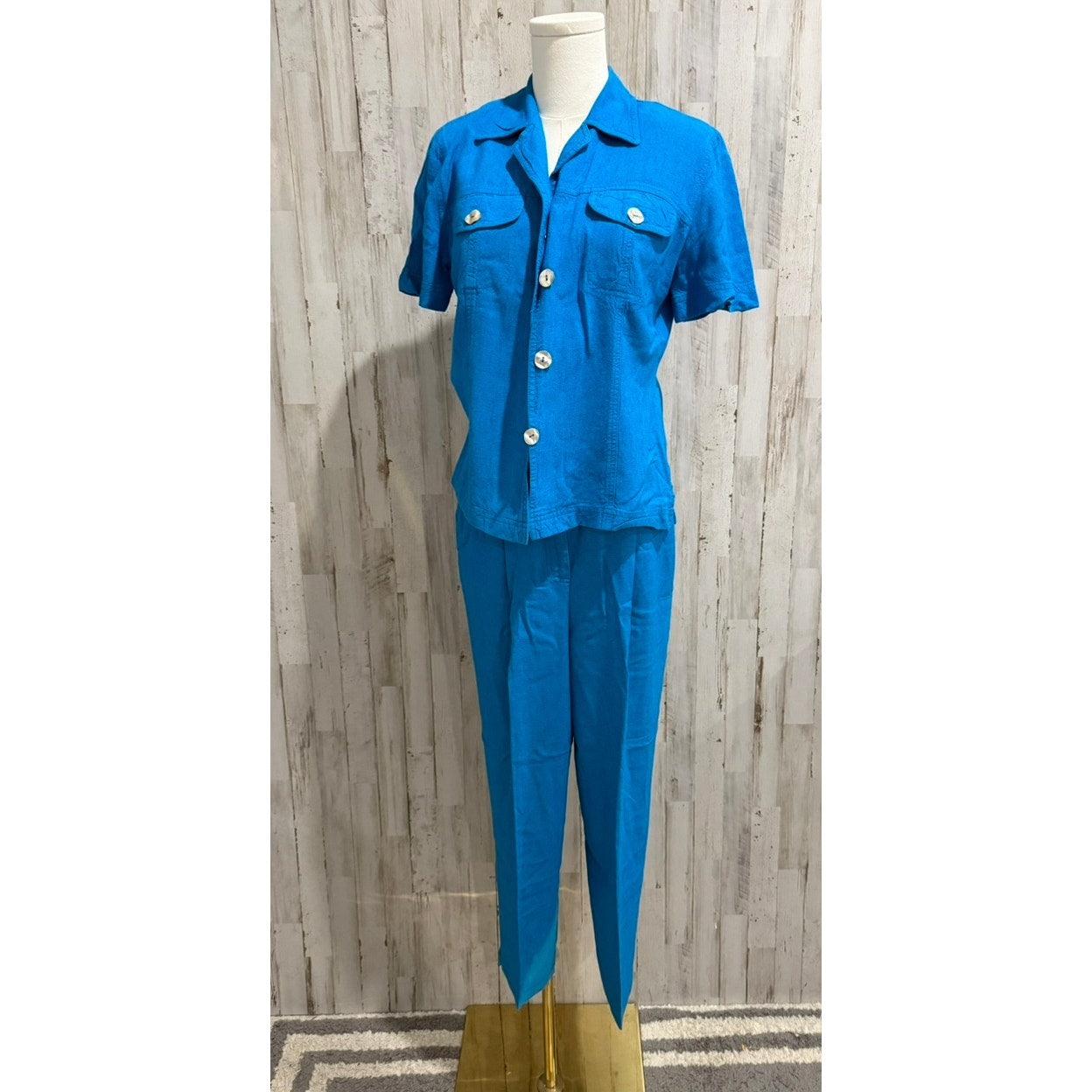 Carole Little Pant Suit Set Womens Size 8 Bright Blue 2-Piece Short Sleeve
