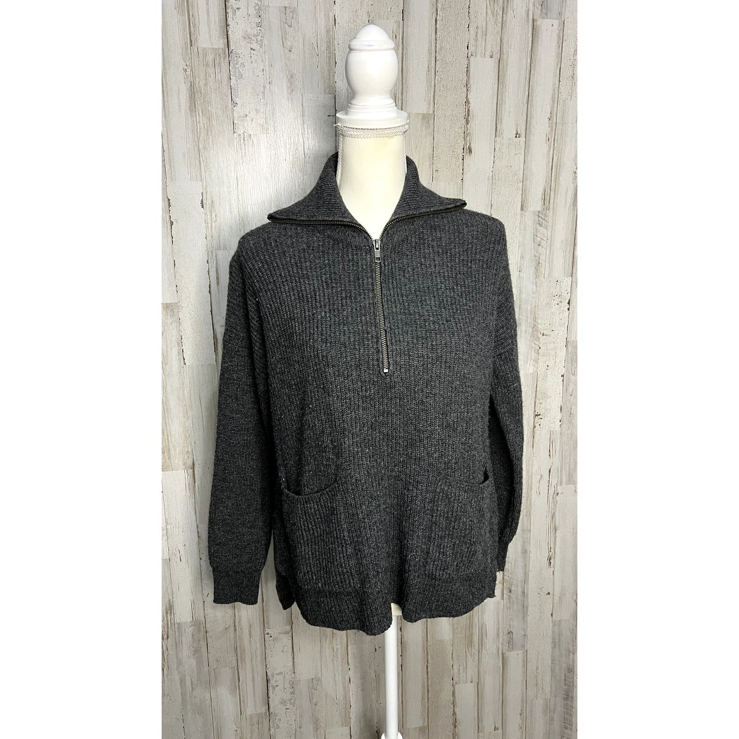 Madewell Women's XS Gray Ribbed Knit 1/4 Zip High Neck Sweater