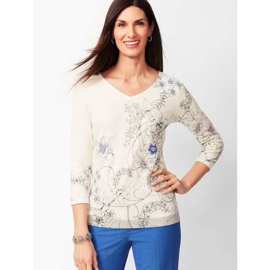 Talbots Women's Medium Floral Double V-Neck Pullover 3/4 Sleeve Blouse