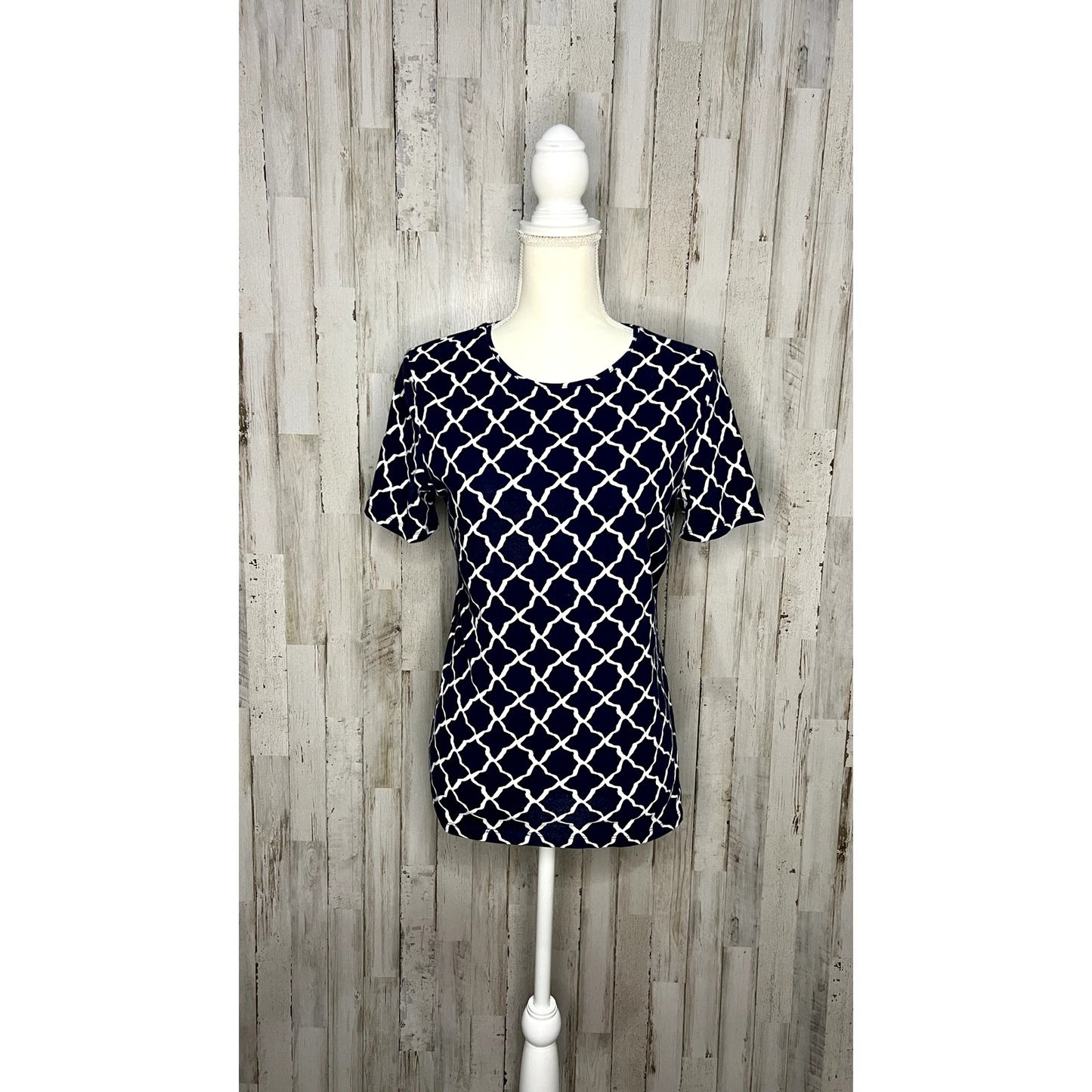 Talbots Women's Geometric Navy & White Crew Neck Tee Size Medium Casual