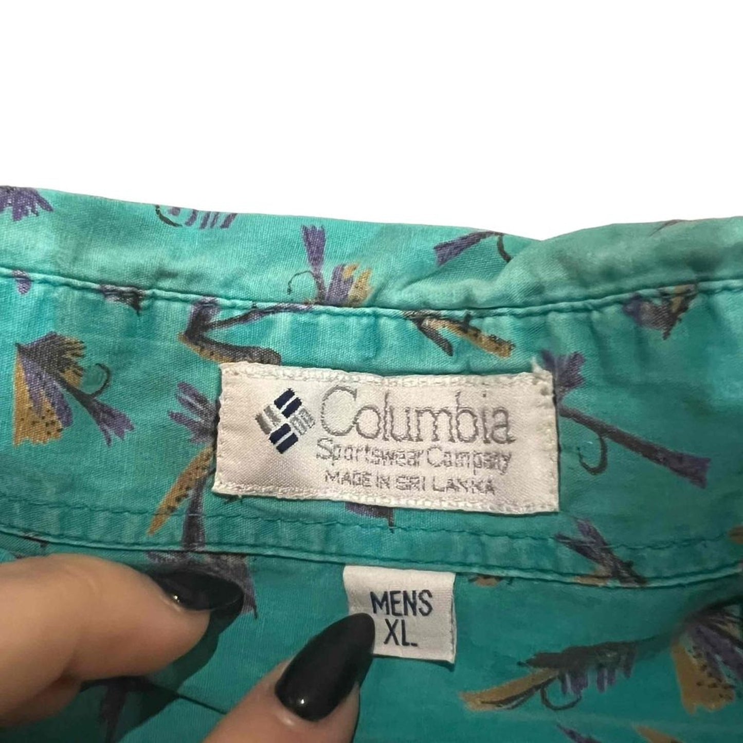 Columbia Button-Up Shirt Mens XL Turquoise Fly Fishing Lure Print Short