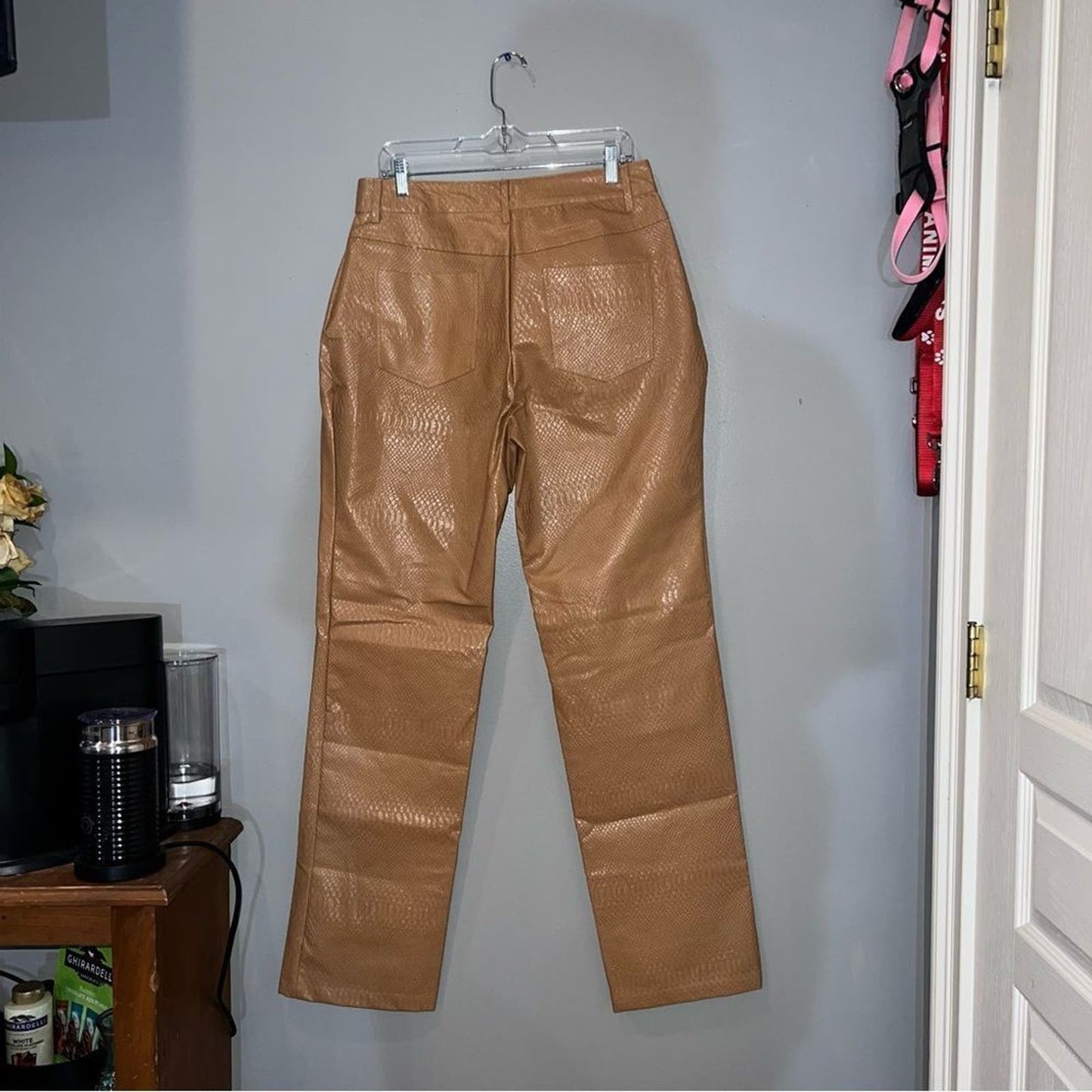 NWT Pretty Little Thing Tan Faux Leather Croc Split Hem Skinny Pants Size 14