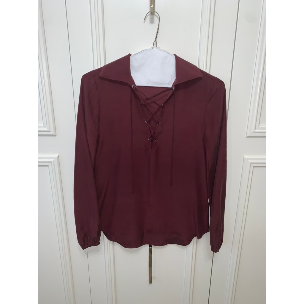 FRAME Women's Lace-Up Silk Blouse Red Collared Long Sleeve XS
