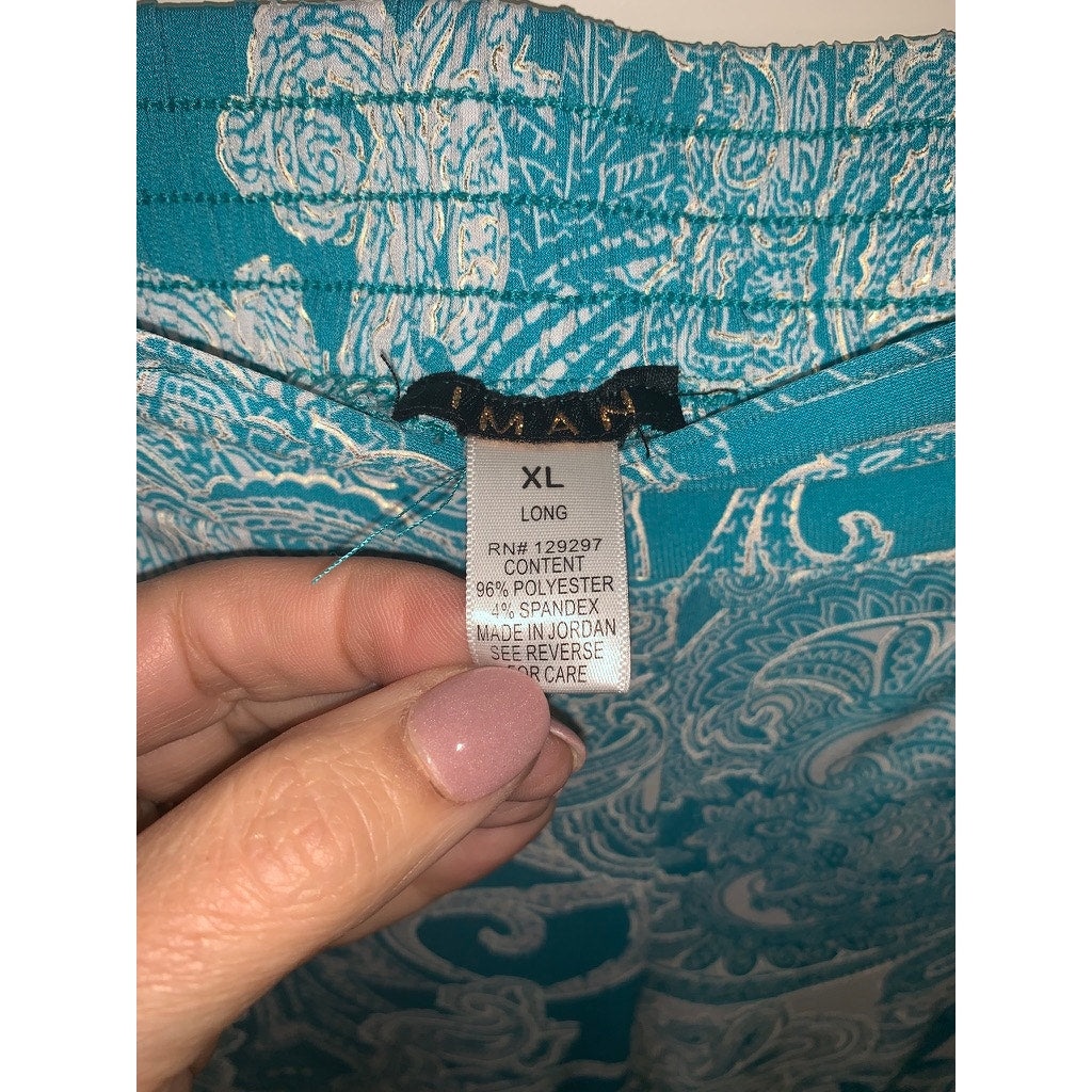 IMAN Women's XL Wide-Leg Paisley Pull-On Pants Blue Casual Shimmer