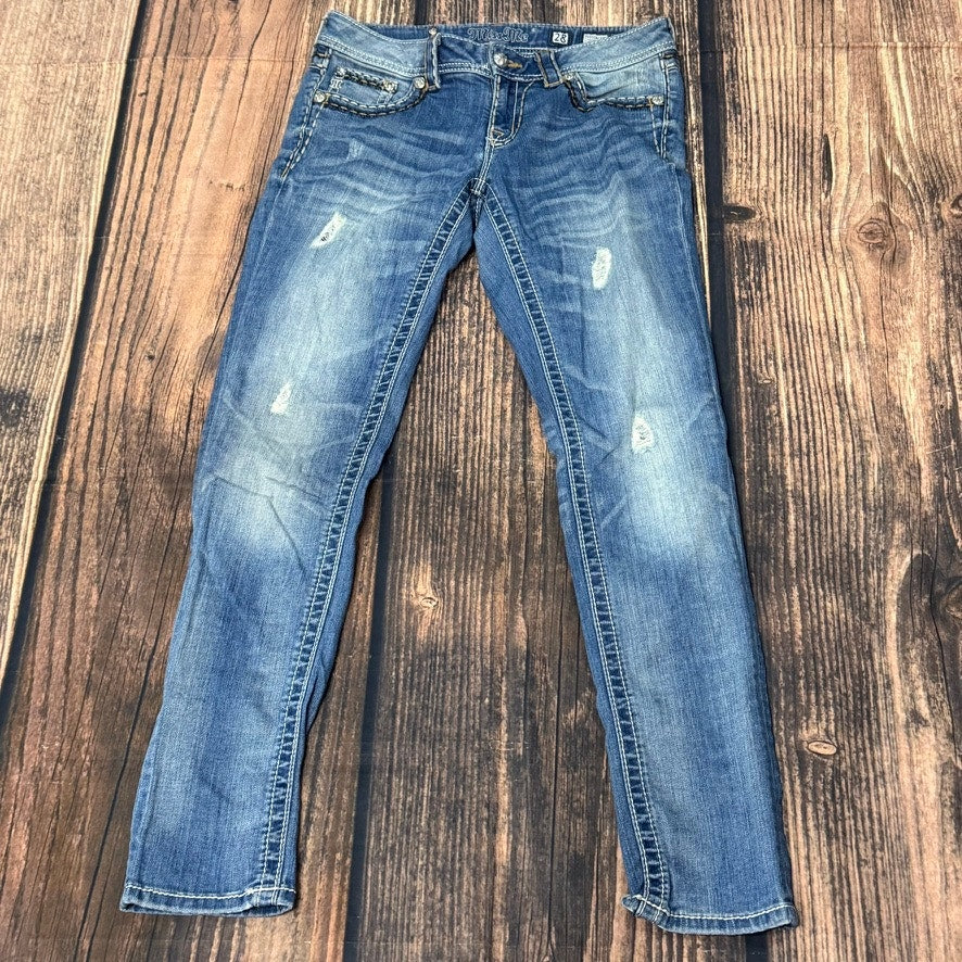 Miss Me Women's Distressed Skinny Jeans Blue Size 28 Embroidered Pockets
