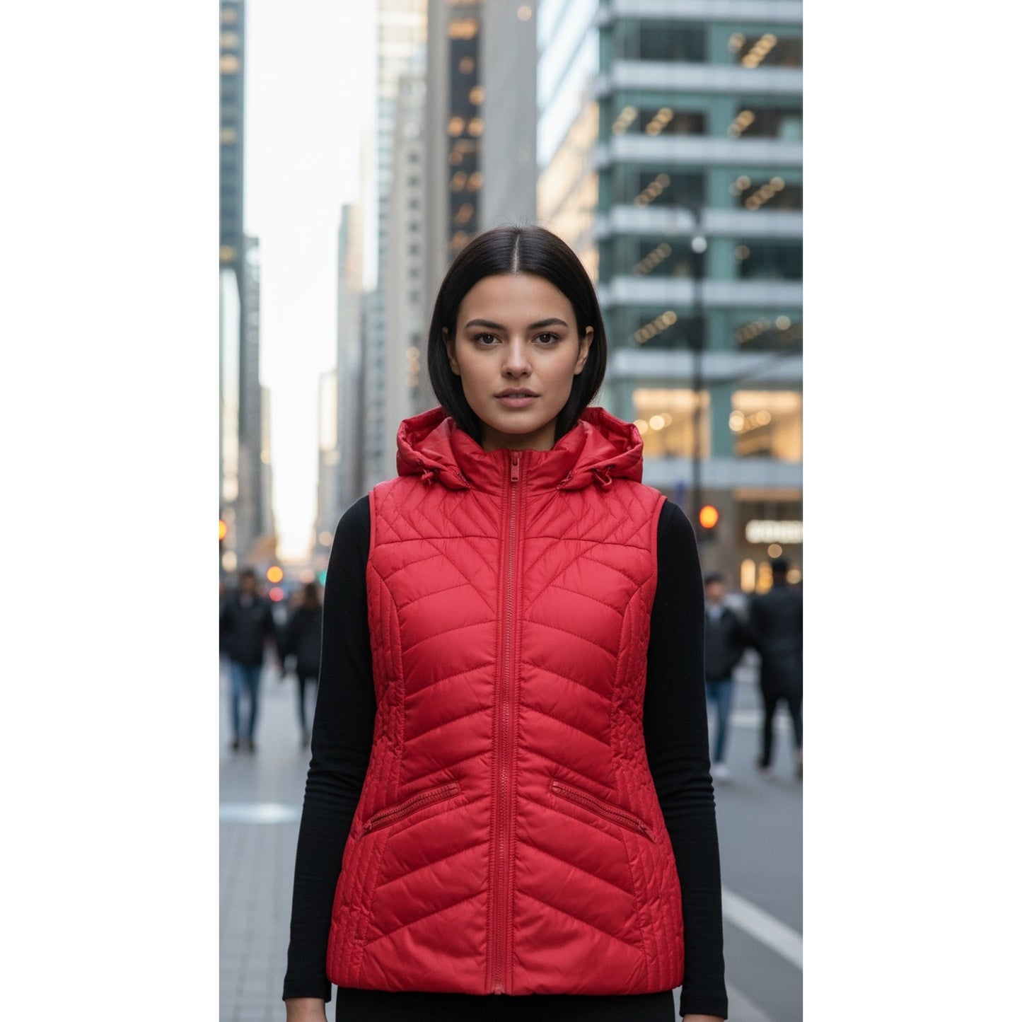 Pink Envelope Women's Hooded Quilted Puffer Vest Red Full Zip Pockets Medium