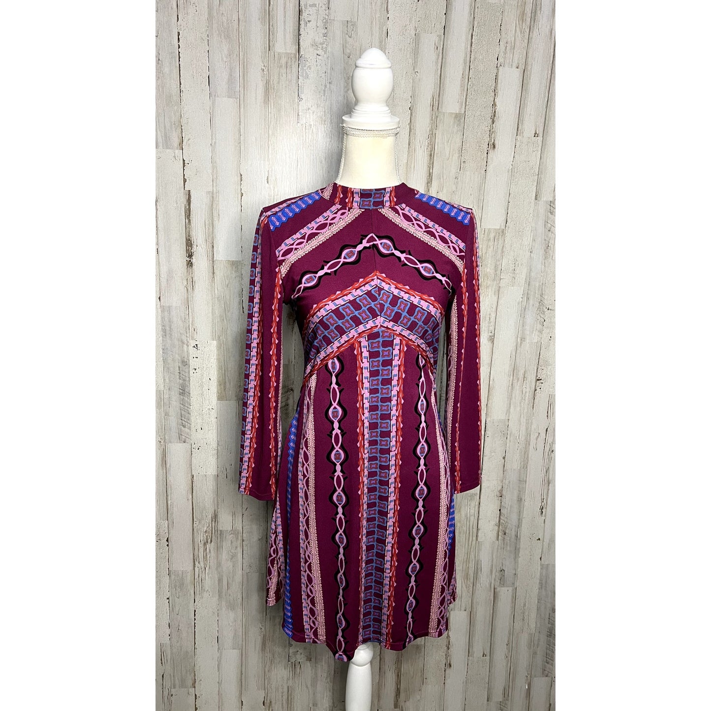 Free People Women's Small Purple Geometric Long Sleeve Mini Dress