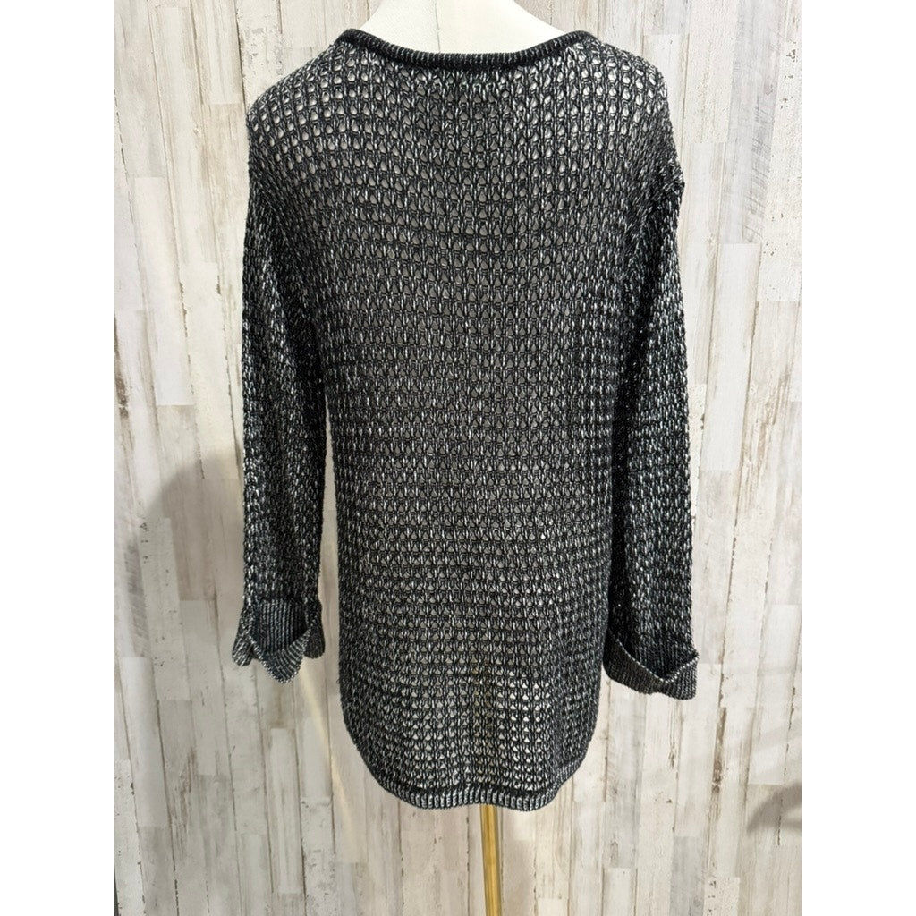 Lulu-B Sweater Womens Size Small Black & White Marled Open-Knit Pullover Top