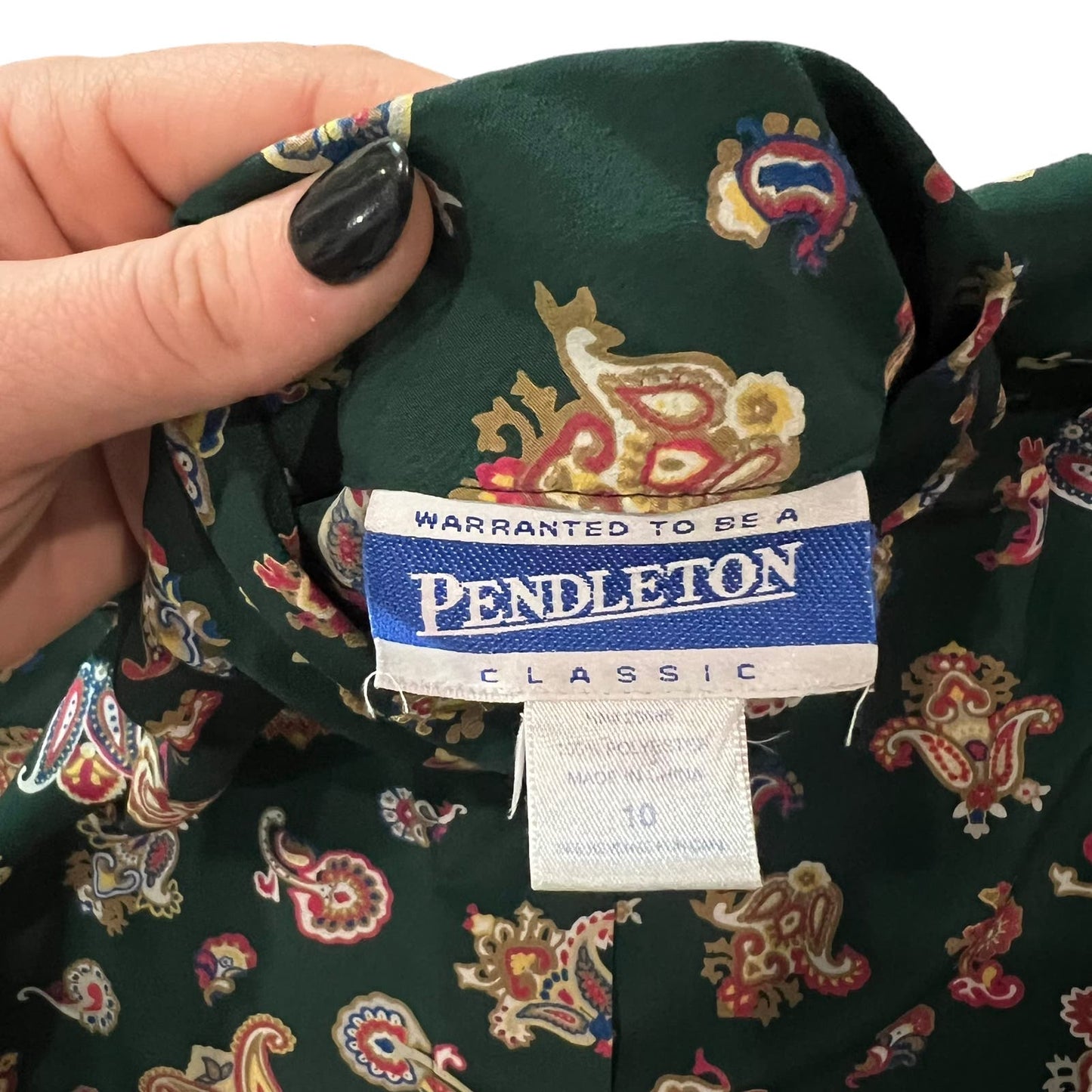 Vintage Pendleton Green Paisley Mock Neck Satin Blouse Size 10