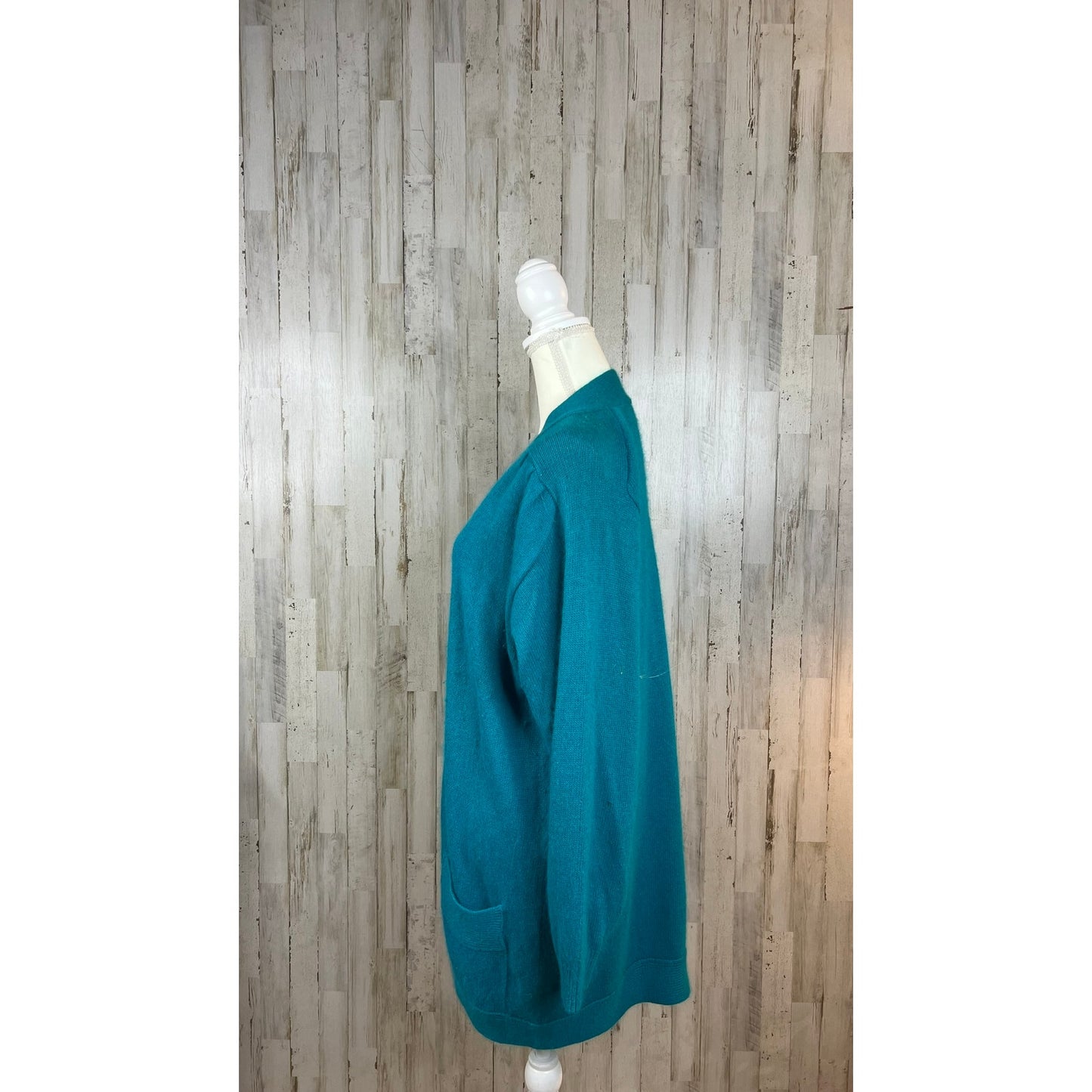 Vintage That's Me! Women's Small Silk Teal Open Front Long Knit Cardigan Sweater