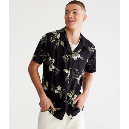 Aéropostale Men's Large Tropical Print Black Floral Short Sleeve Button Down Top