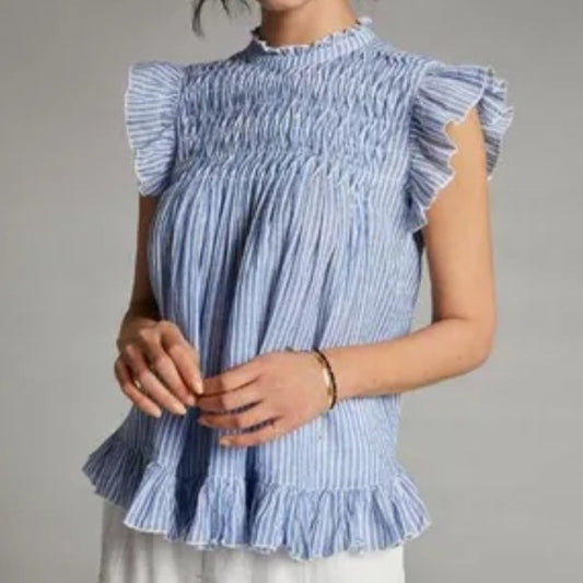 Anthropologie Womens Small Uli Ruffled Peplum Blue Striped Flutter Sleeve Blouse