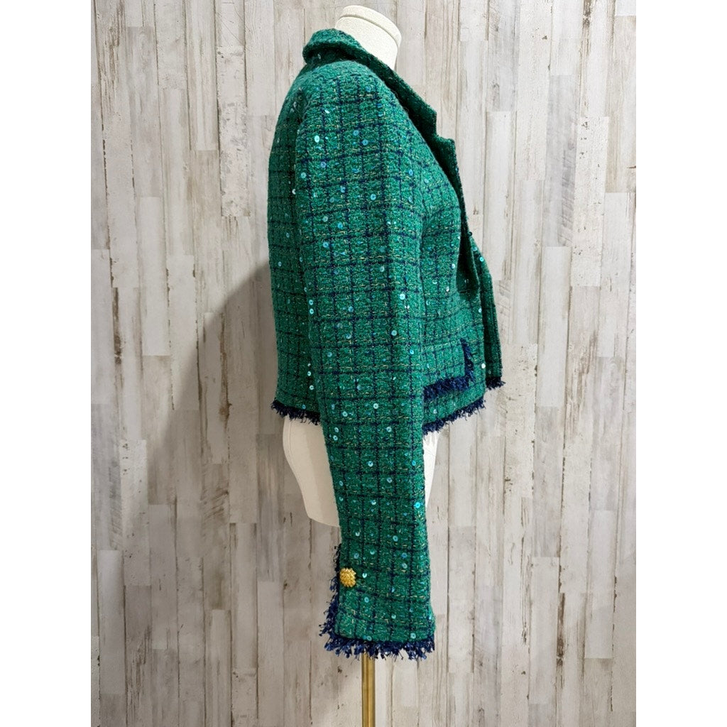 NWT TOCCIN Jacket Womens Size 4 Green Tweed Sequin Cropped Fringe Trim Gold