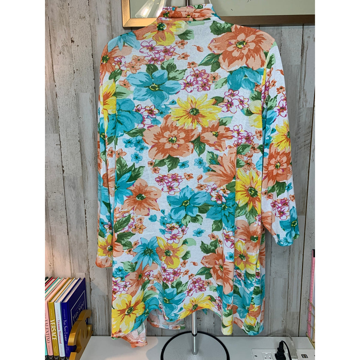Cathy Daniels Top Womens Plus 1X Multicolor Floral  Open Front Tunic