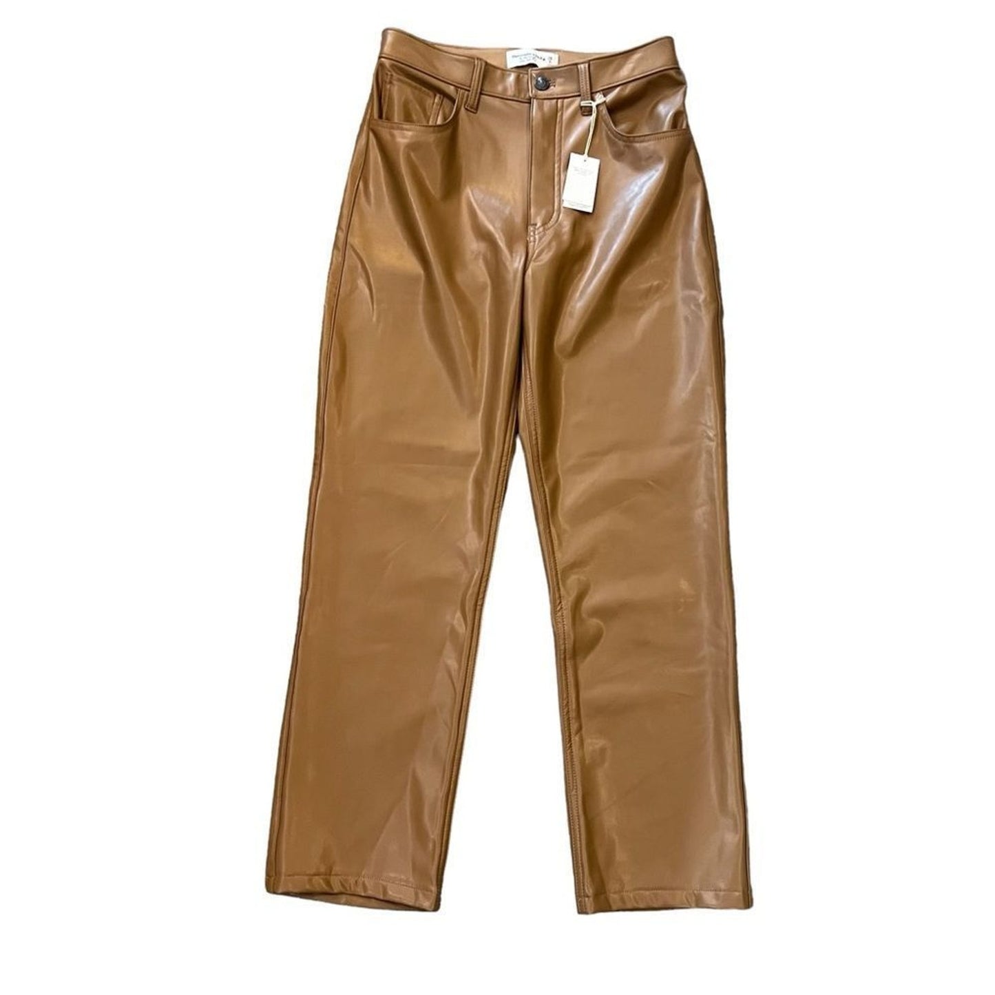 NWT Abercrombie & Fitch 90s Straight Ultra High Rise Leather Pants Brown Size 28