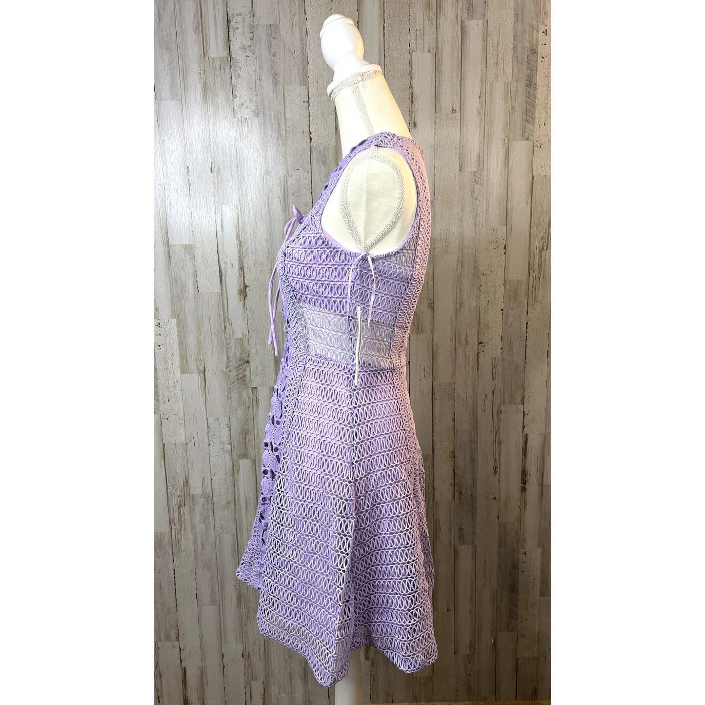 Aqua Crochet Lace Up Fit & Flare Lavender Dress Small Sleeveless Knee Length