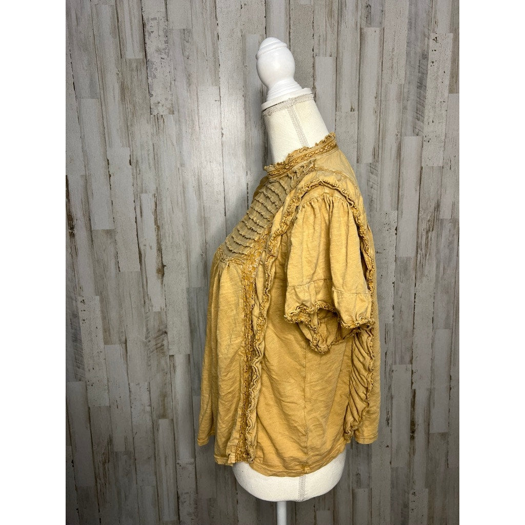 Free People Women's Medium Yellow Orange Ruffle Sleeve Babydoll Blouse Casual