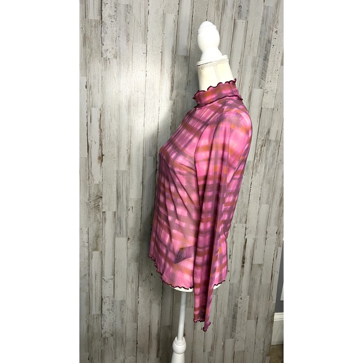 NWT Pilcro Women's Pink Plaid Mesh Turtleneck Top Petites Medium Long Sleeve