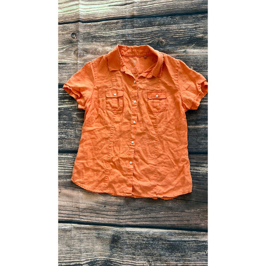 Relax by Tommy Bahama Women's Large Orange Linen Short Sleeve Button-Up Shirt