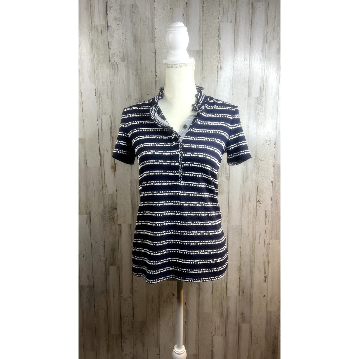 Tory Burch Women's XS Polo Top Navy Black Striped Ruffle Detail Short Sleeve