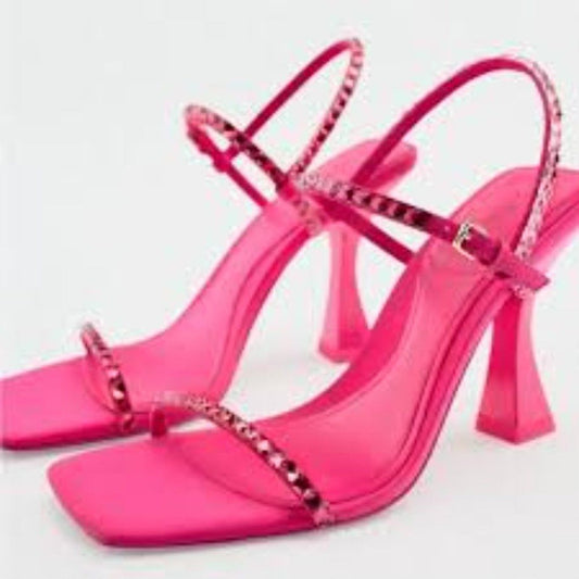 NWT Zara Womens Fuchsia Pink Rhinestone Strappy High Heel Sandals Size 10