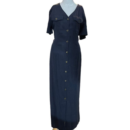 Vintage 90s Halston Button Down Shirt Dress Size 12 Long Navy Blue Maxi Dress