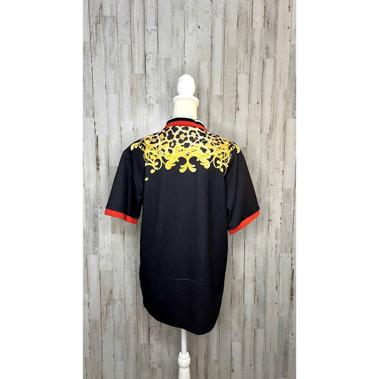 Zara Men's Large Black Gold Red TrimBaroque Leopard Print Polo Shirt Worn on TV