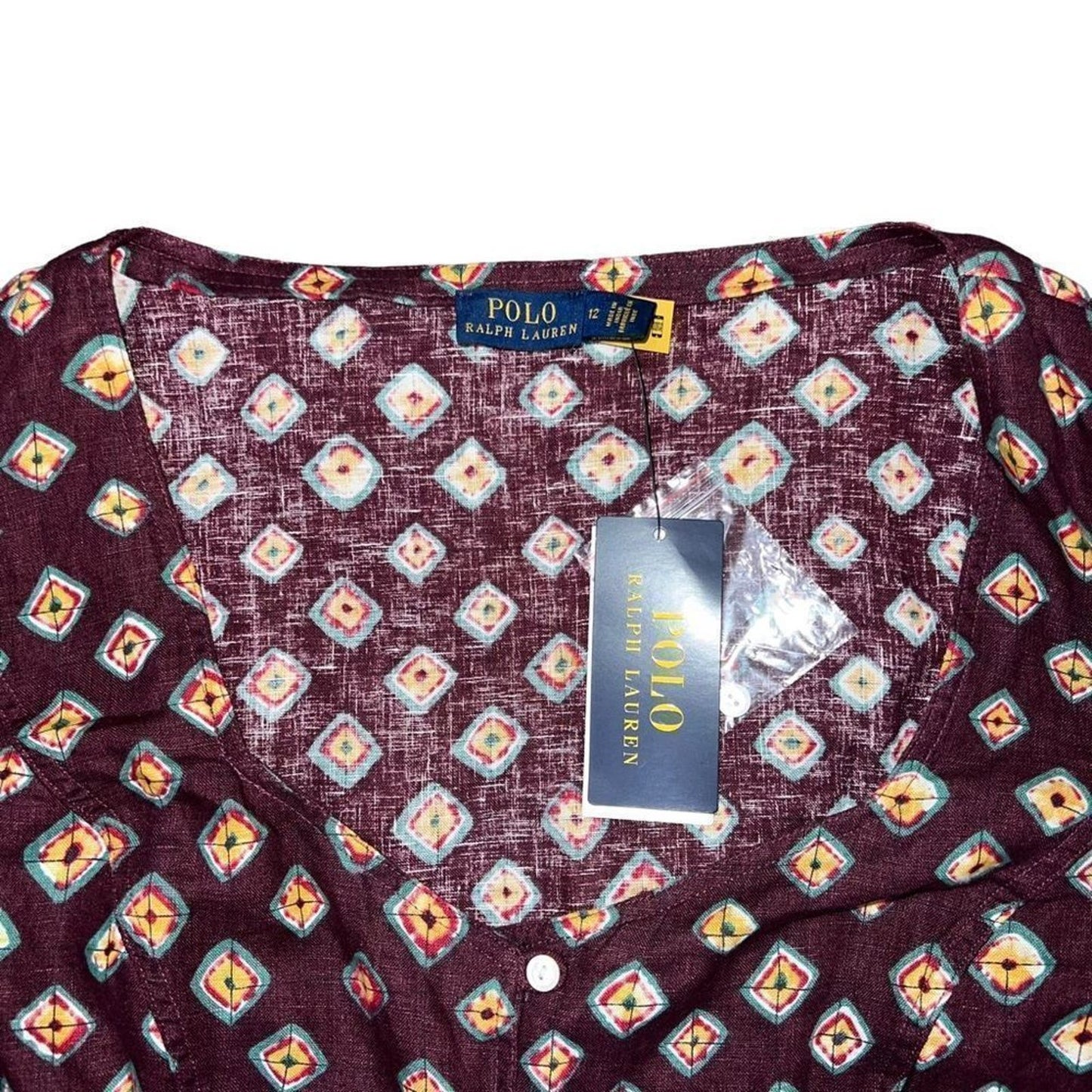 Polo Ralph Lauren Block-Print Linen Button-Front Top Size 12