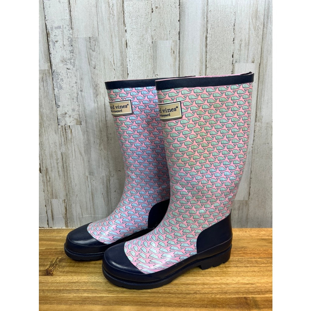 Vineyard Vines Women's Whalies Rain Boots Blue Pink Size 7 Waterproof Durable