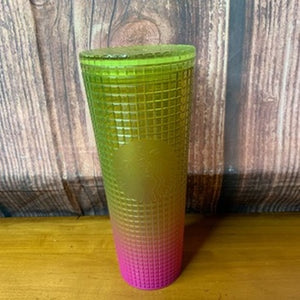 Starbucks Cold Cup 24oz Green Yellow Pink Ombre Grid w/ Lid NO STRAW