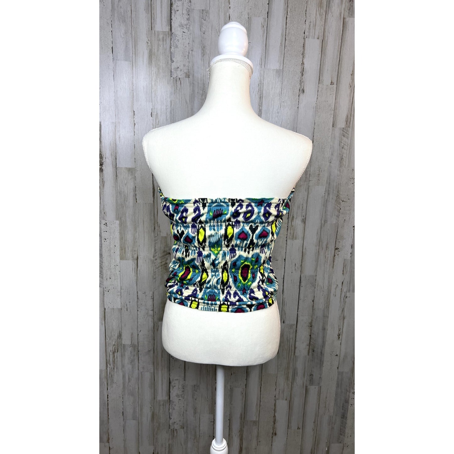 Anthropologie Women's Smocked Tube Top XS Blue/Green Ikat Print Strapless Tank