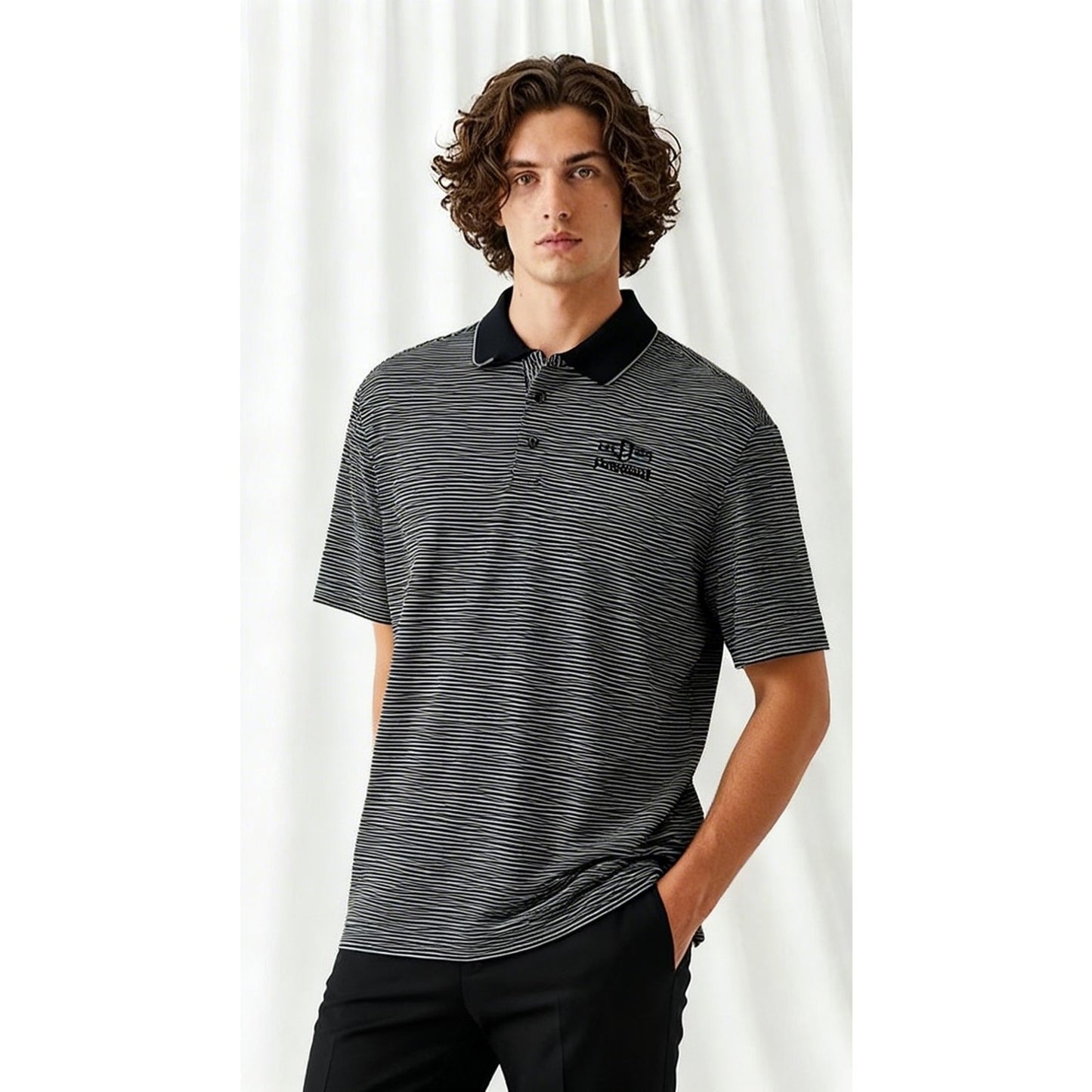 Disney Parks Disneyland Polo Shirt Mens XL Black Gray Striped Short Sleeve Golf