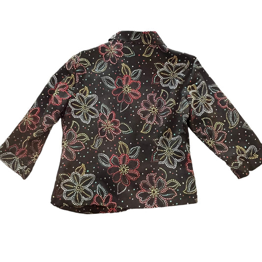 Vintage 80s Silkland Women's Black Floral Silk 3/4 Sleeve Blazer Size Large