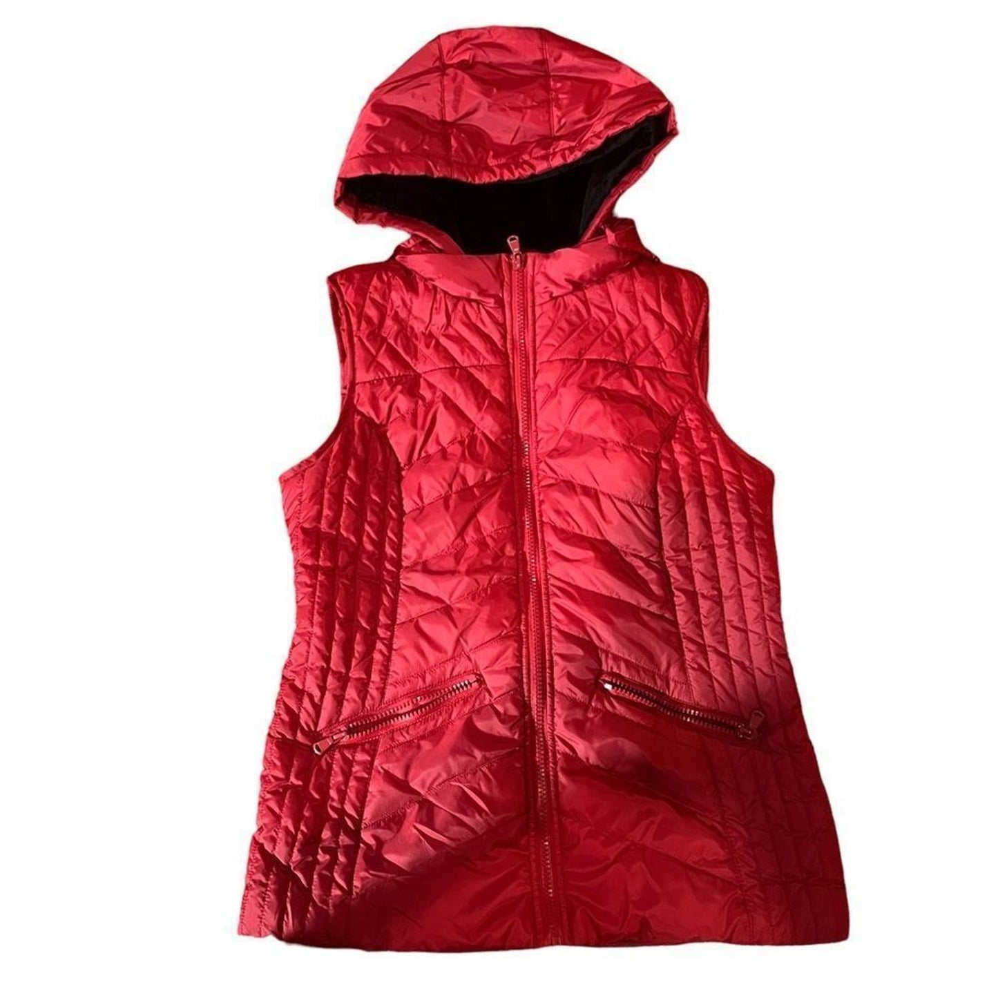 Pink Envelope Women's Hooded Quilted Puffer Vest Red Full Zip Pockets Medium