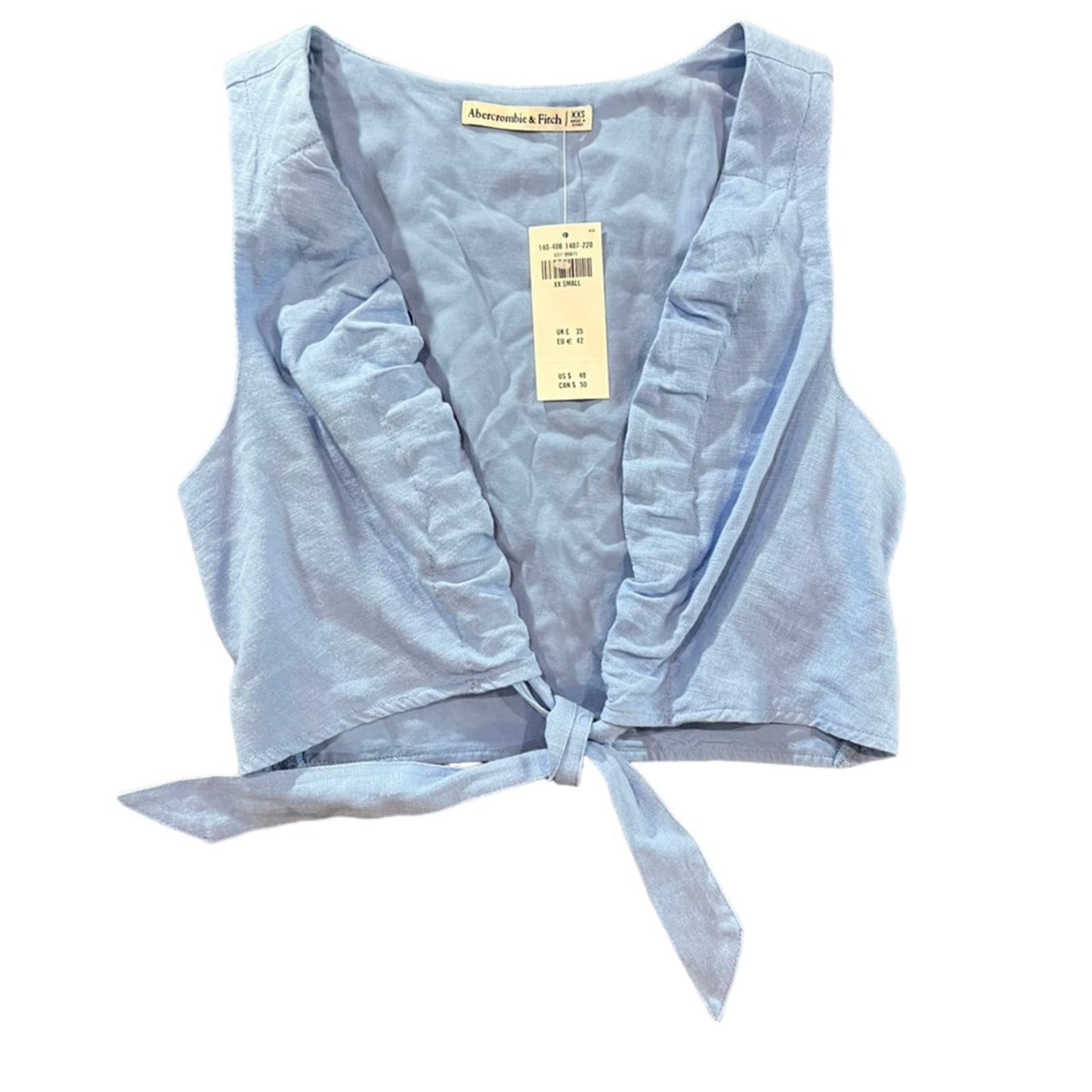 NWT Abercrombie & Fitch Women's Blue Cropped Tie Front Linen Top Size XXS