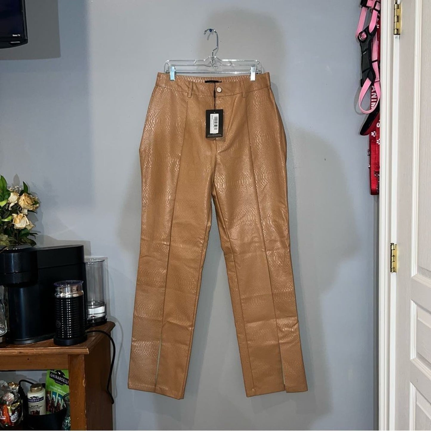 NWT Pretty Little Thing Tan Faux Leather Croc Split Hem Skinny Pants Size 14