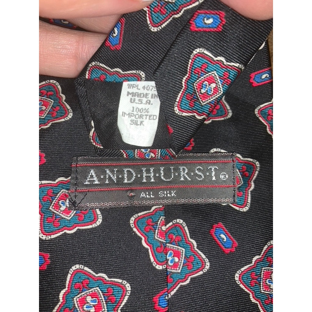 Andhurst Men's Designer Silk Tie Black with Red & Blue Geometric Pattern