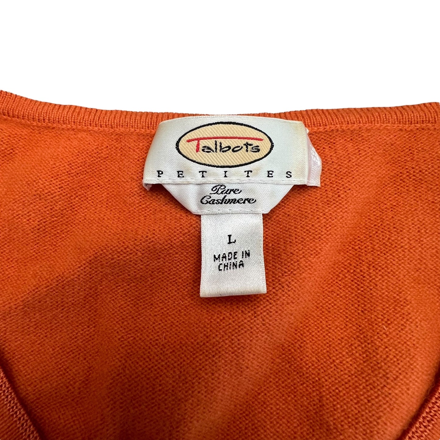 Talbots Petites Womens Large Orange Cashmere V-Neck Long Sleeve Pullover Sweater