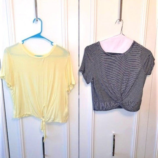 Set 2 Yellow front tie/B&W stripe front knot crop top tee