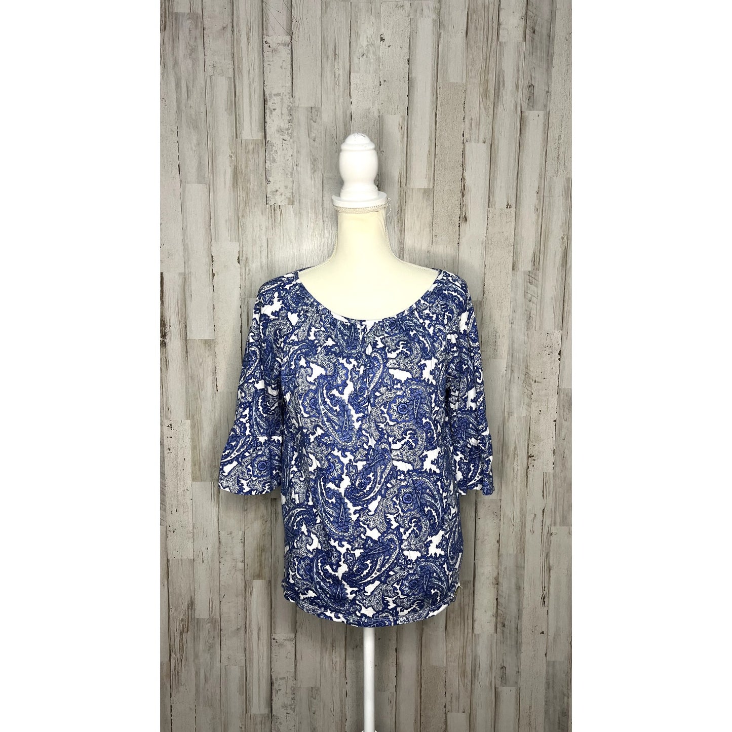 Michael Kors Women's Medium Blue Paisley Scoop Neck Flare Sleeves Peasant Top