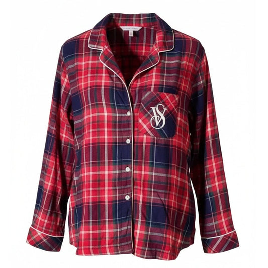 Victoria's Secret Pajama Top Womens XS Red Navy Plaid Flannel Button Front