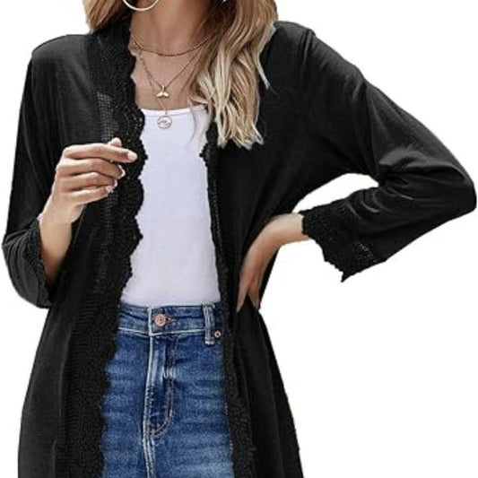 Women's Cardigan 3/4 Sleeve  Open Front Lace Wrap Long Duster Cardigan