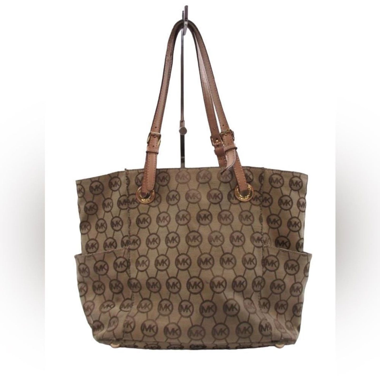 Michael Kors Large Tote Shoulder Bag Brown Leather and Jacquard Logo Print