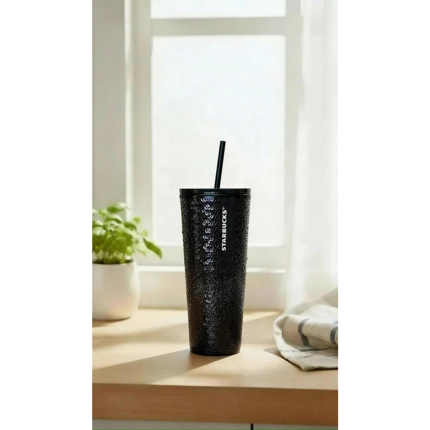 Starbucks Black Sequin Cold Cup Tumbler w/ Lid & Straw 24 oz