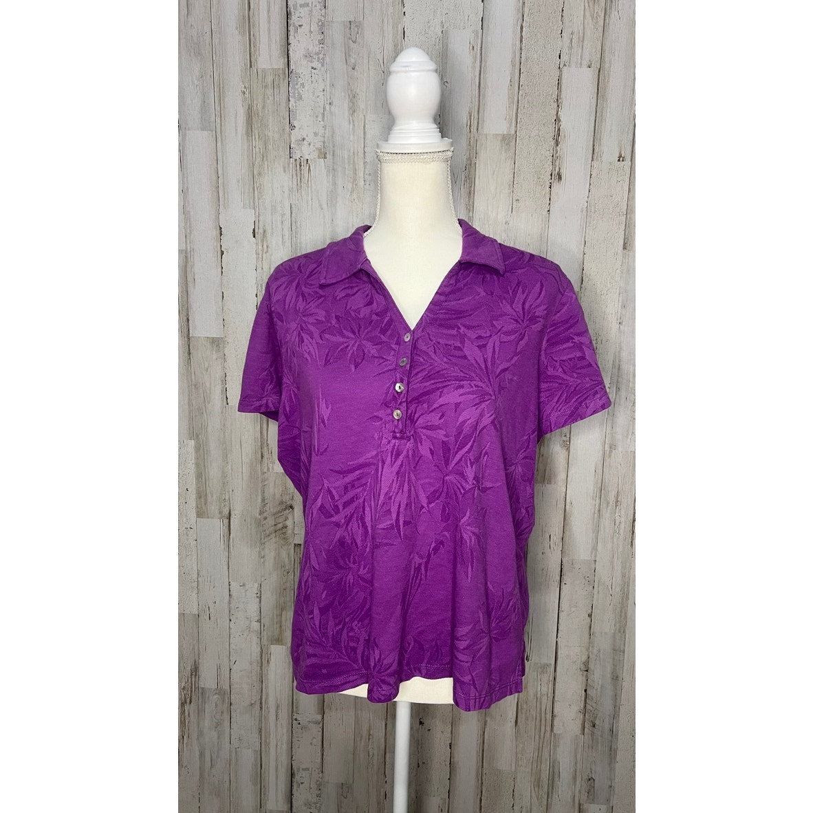 Caribbean Joe Women's Floral Button-Up Shirt Purple Size 1X Casual